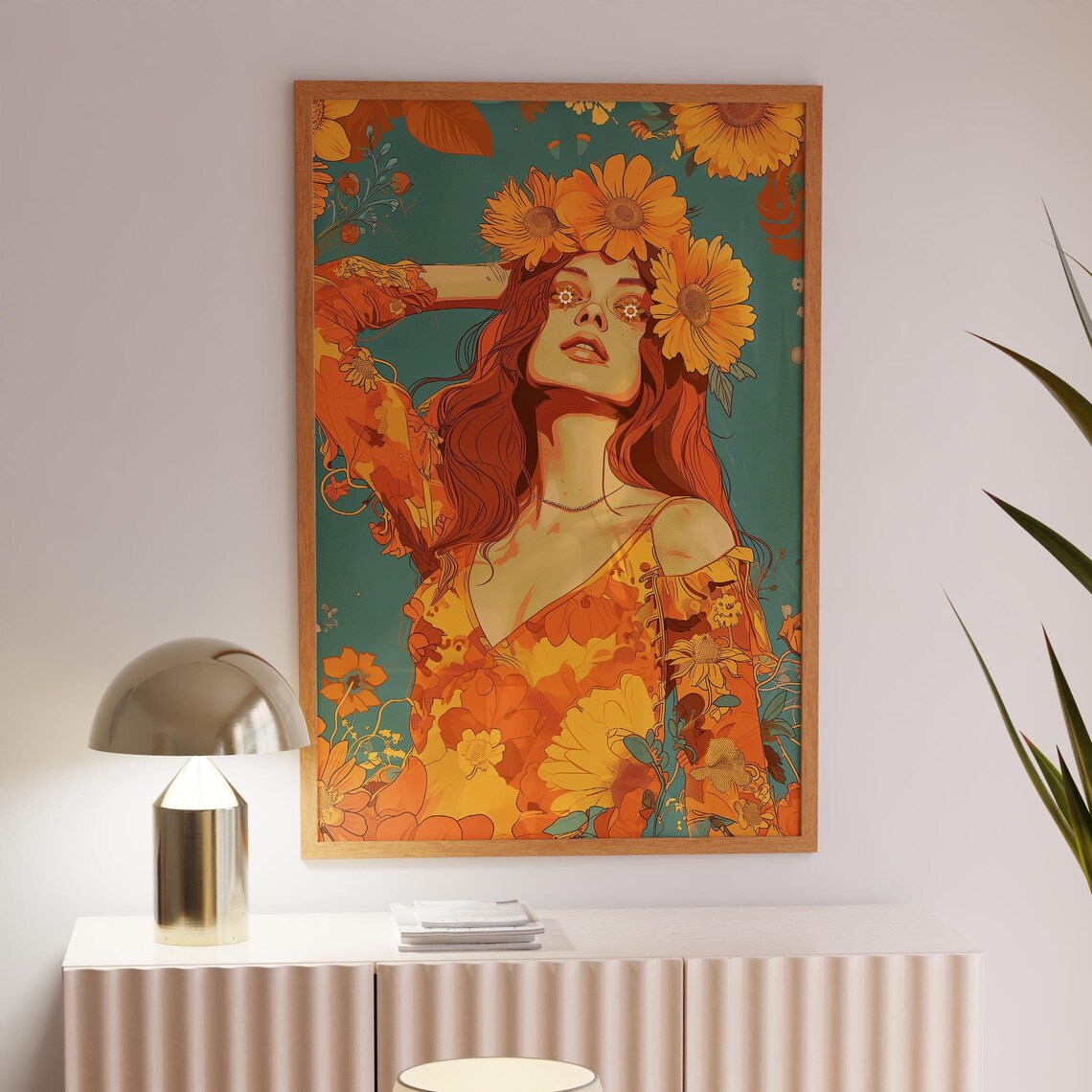 70s Flower Child Woman Sunflower Crown Retro Hippie Girl Wall Art