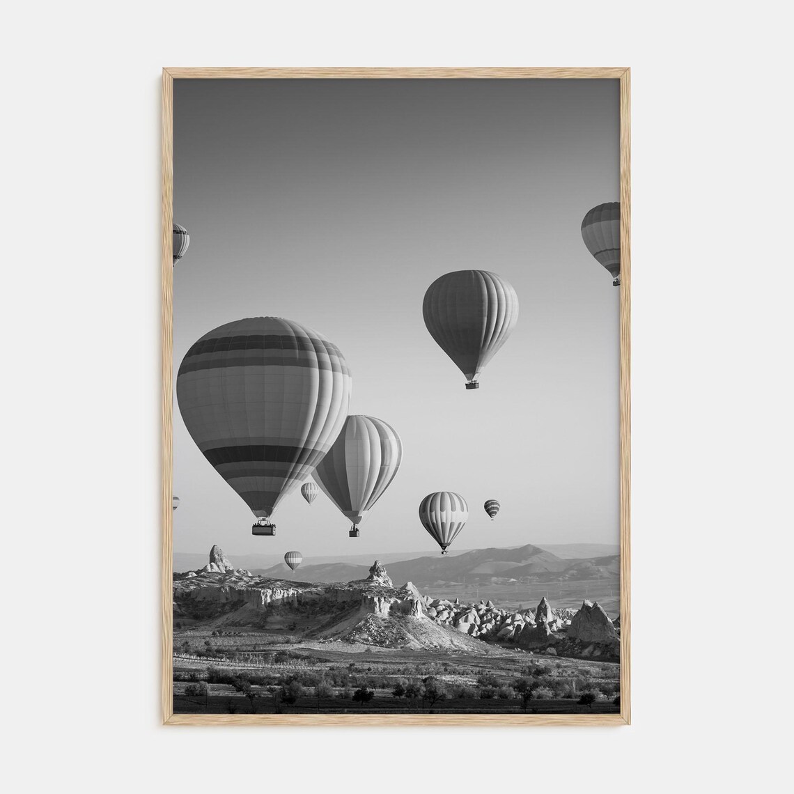 Hot Air Balloons Over Rocky Valley Black and White Photo Poster