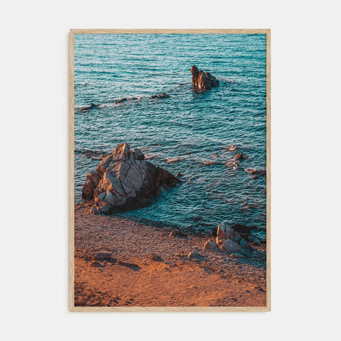 Golden Hour Over Rocky Sea Stacks in Turquoise Ocean Water Poster