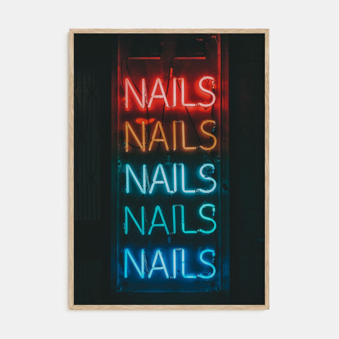 Retro NAILS Neon Sign Glowing Red Orange and Blue at Night Poster