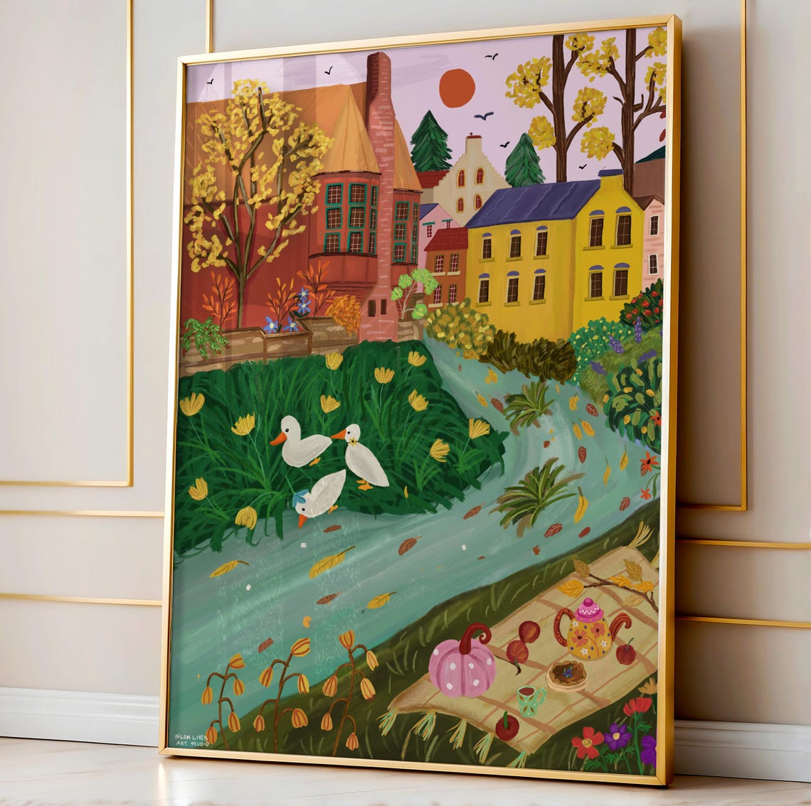 Autumn Canal Ducks Riverside Old Town Fall Picnic Scene Art Print - Image 4