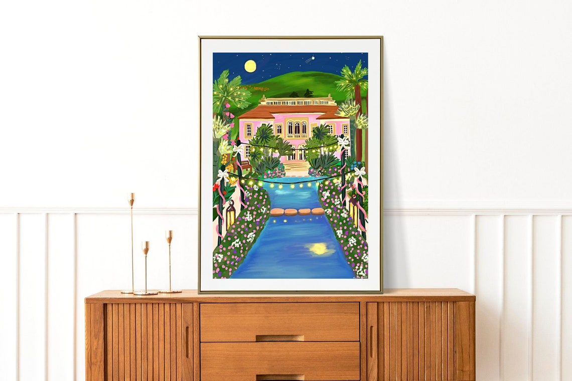 Villa Ephrussi Pink Palace Night Illuminated Pool Garden Poster - Image 4