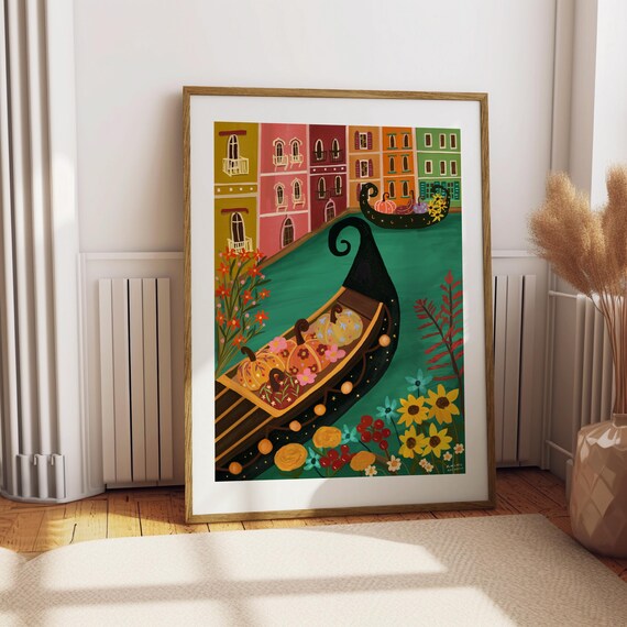 Venice Autumn Gondola Pumpkins Canal Colorful City Art Print