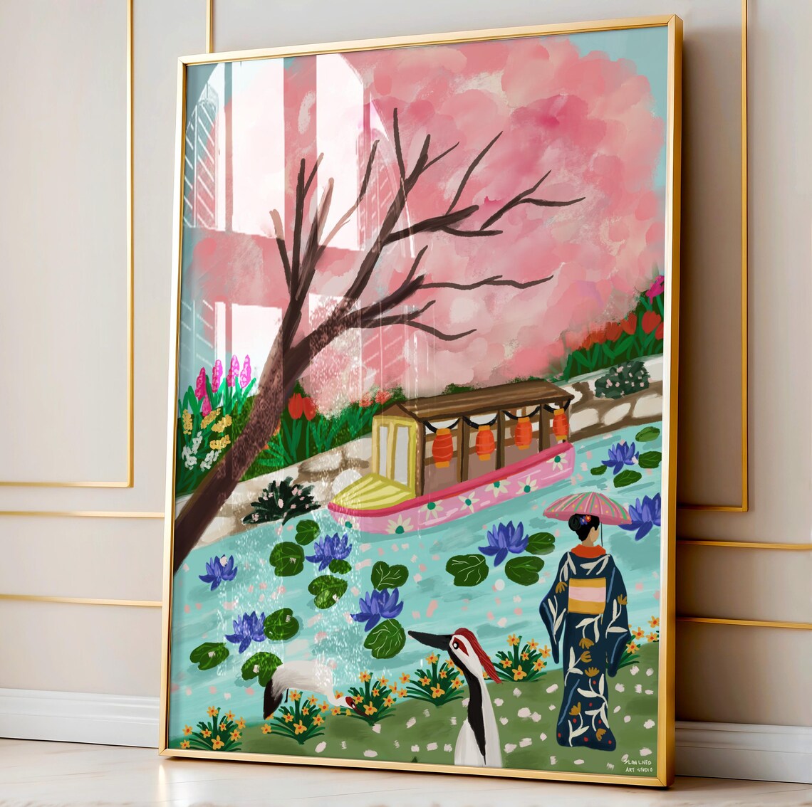 Japan Cherry Blossom Kimono Woman Pond Boat Spring Art Print - Image 5