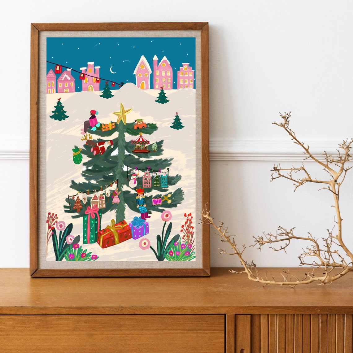 Whimsical Pink Christmas Tree Decorated Night Village Art Print - Image 2
