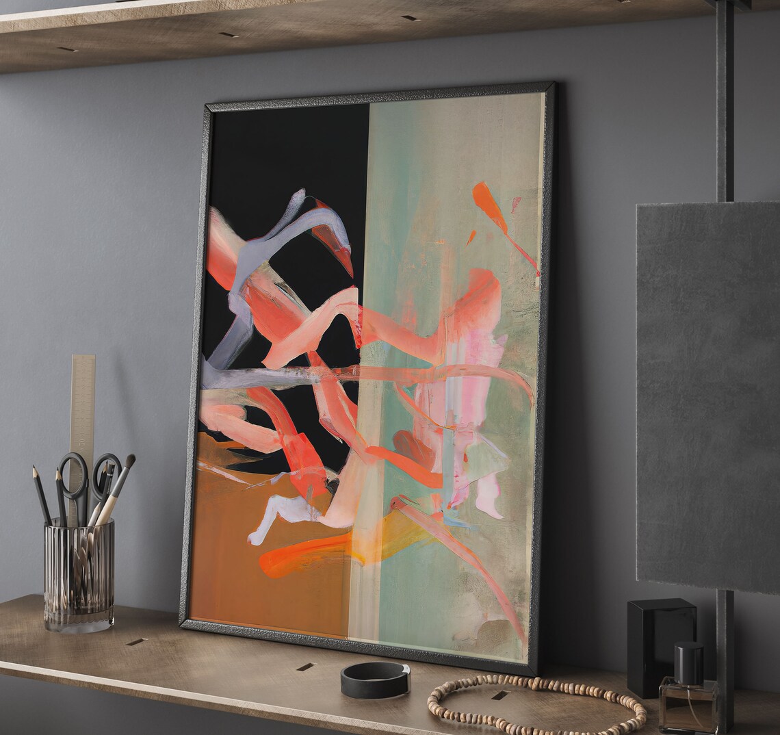 Coral Abstract Expressionist Brushstrokes Black Modern Art Wall Poster