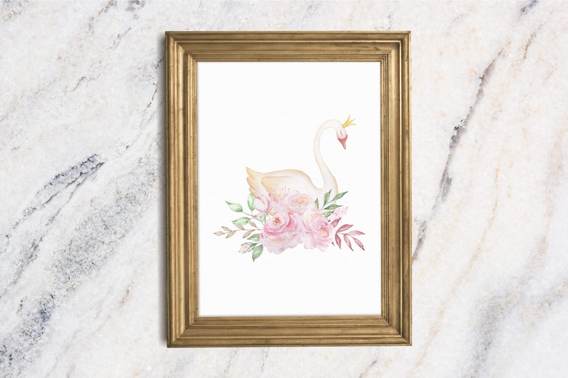 Crowned White Swan Watercolor Pink Roses Nursery Ballet Art Print