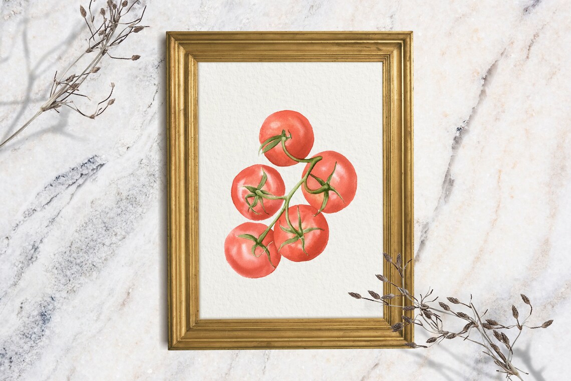 Cherry Tomatoes on Vine Watercolor Botanical Kitchen Vegetable Art Print Decor