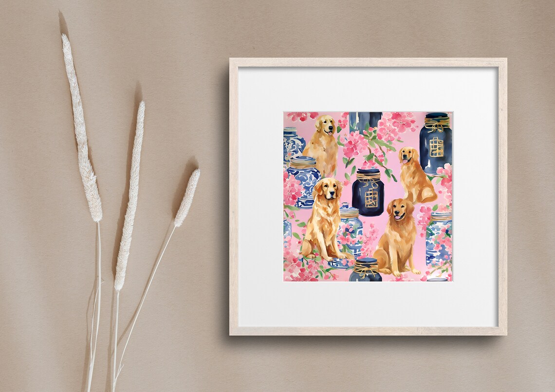 Golden Retriever Dogs Cherry Blossoms Ginger Jars Chinoiserie Poster - Image 2