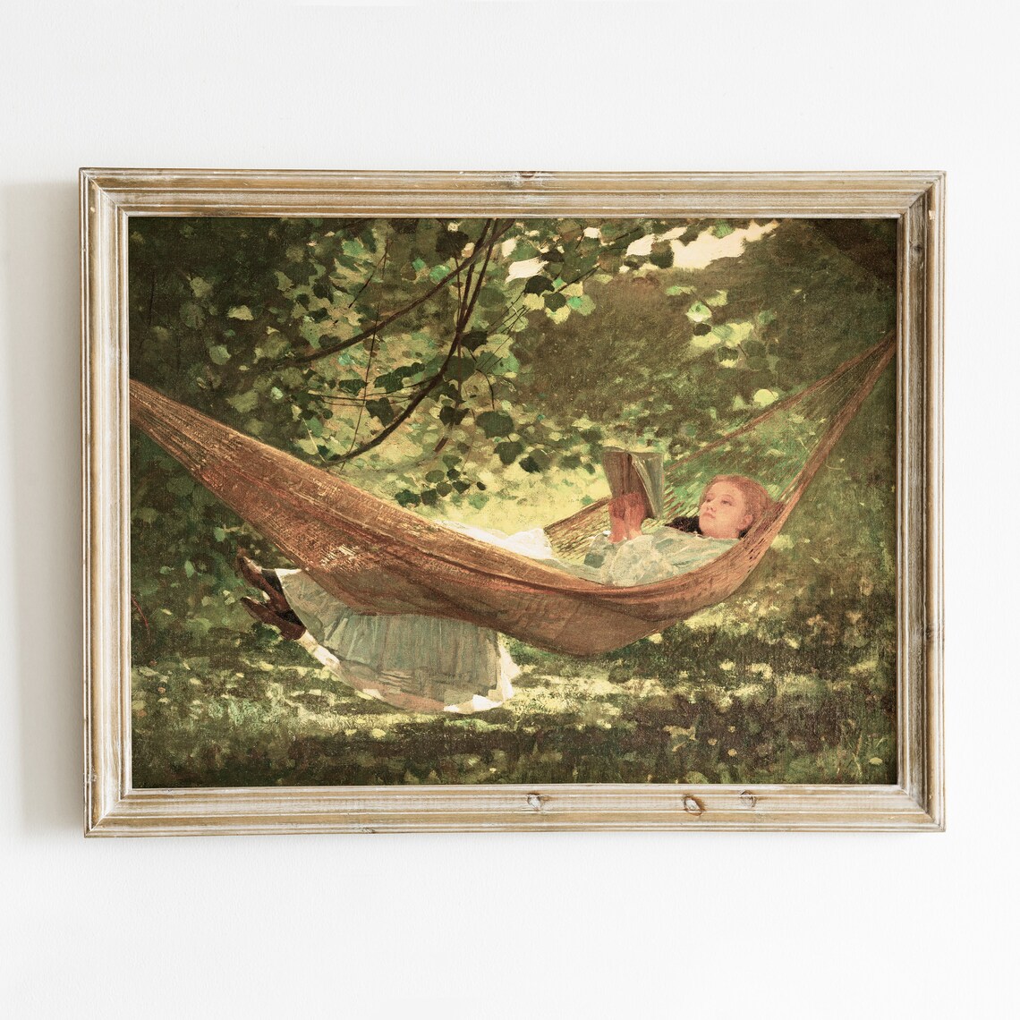 Vintage Woman Reading in Hammock Under Trees Summer Garden Painting Art Print