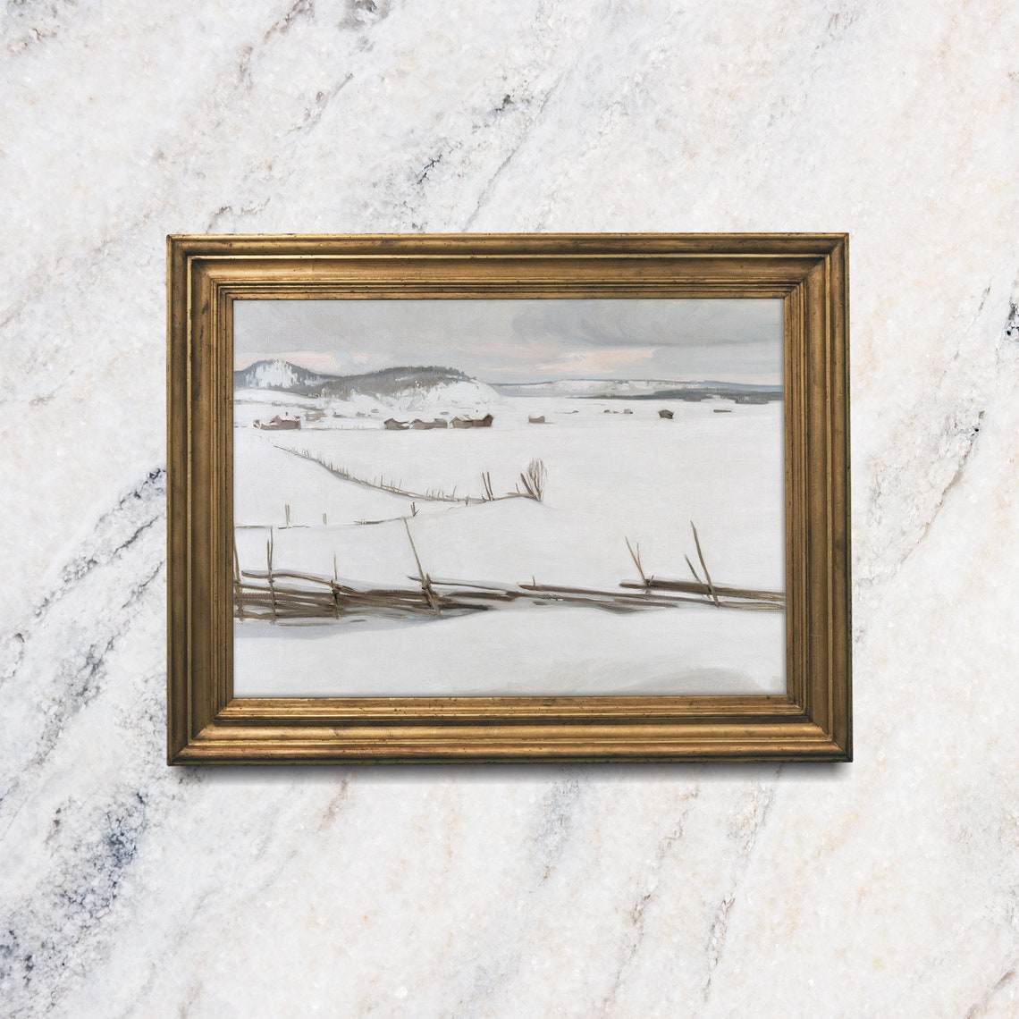 Snowy Winter Landscape Art Print Vintage Winter Oil Painting Christmas Nordic Farmhouse Art Small Shelf Art Holiday Gift Minimalist Art