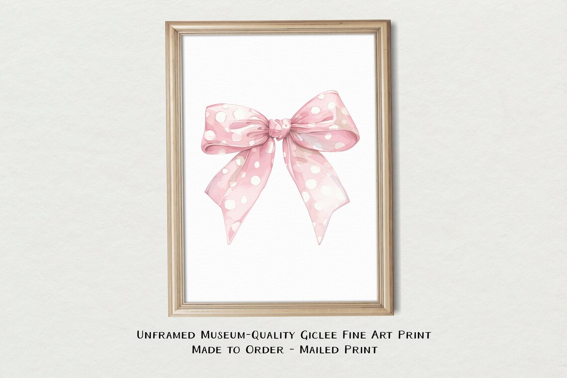 Pink Polka Dot Bow Watercolor Coquette Girly Nursery Wall Art Print