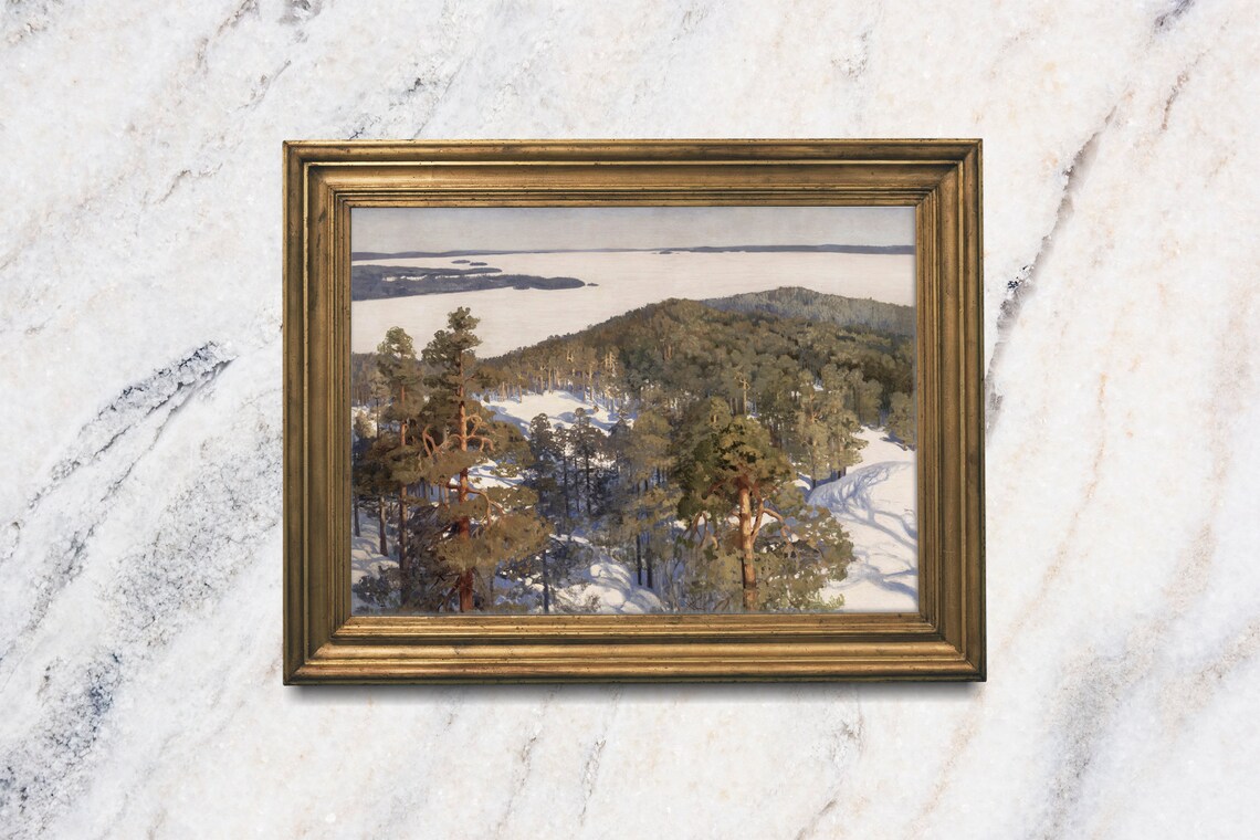 Snowy Winter Pine Forest Hills Vintage Landscape Oil Painting Poster