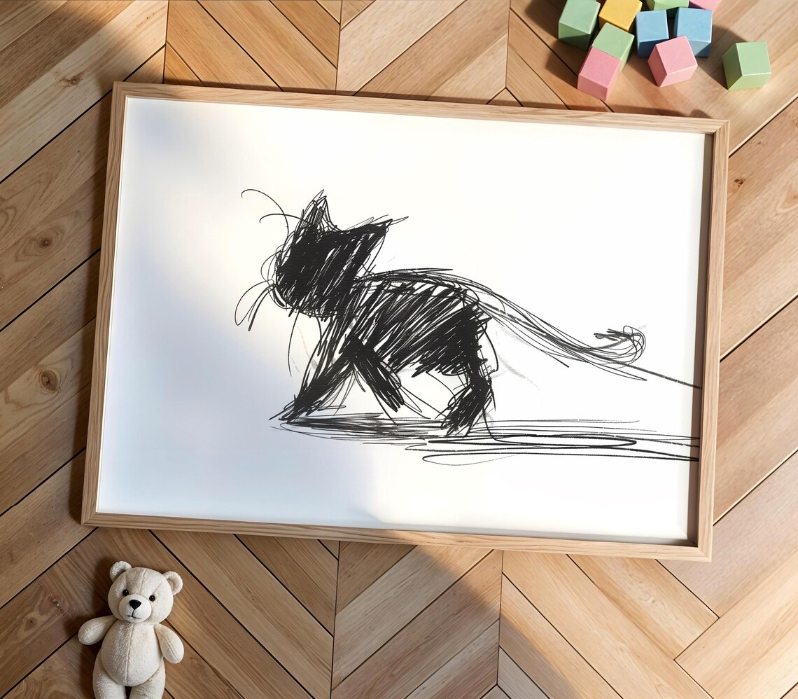 Scribble Cat Playful Minimalist Line Art Print