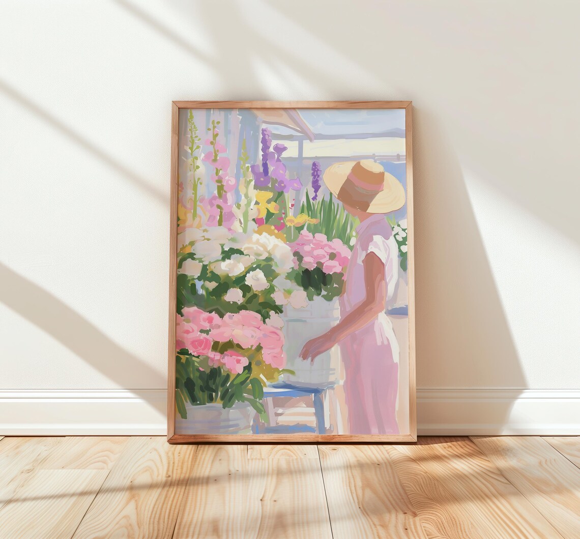 Woman Flower Market Pastel Blooms Straw Hat Sunny Wall Print