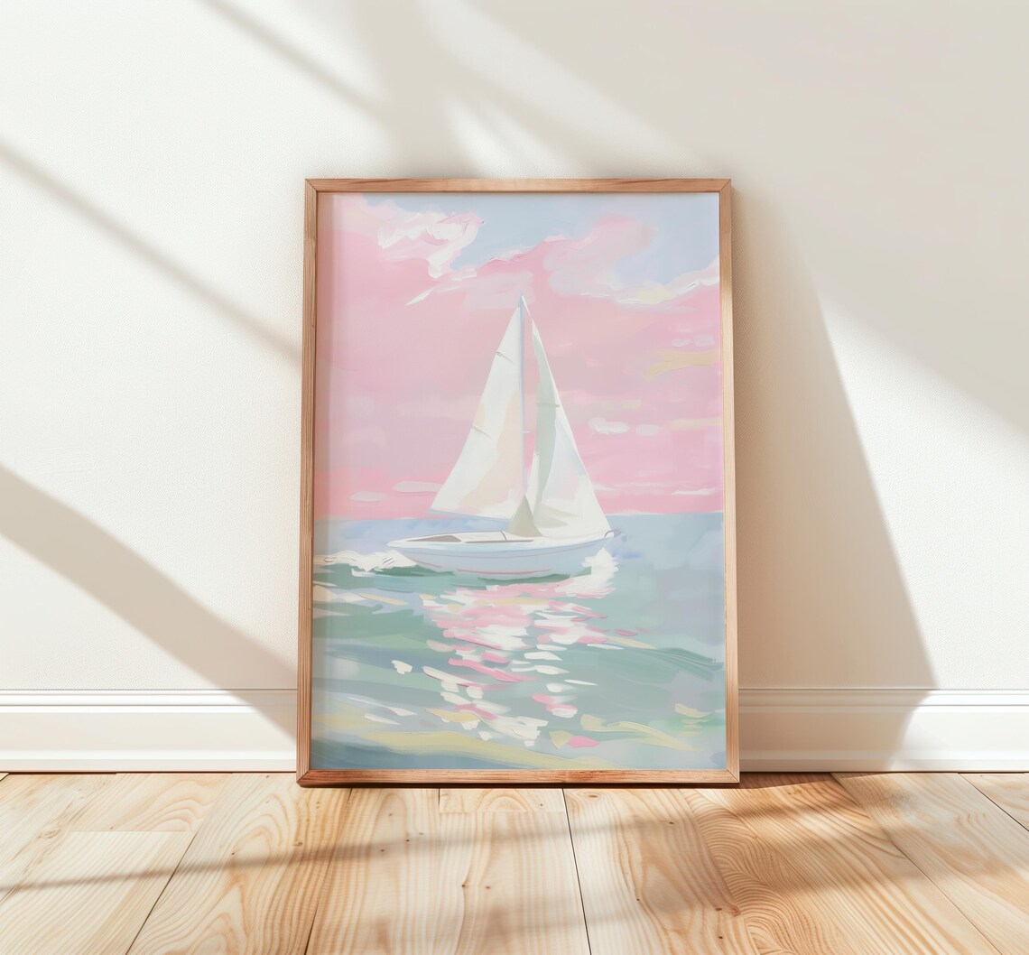 White Sailboat Pastel Blush Sunset Ocean Watercolor Poster Art