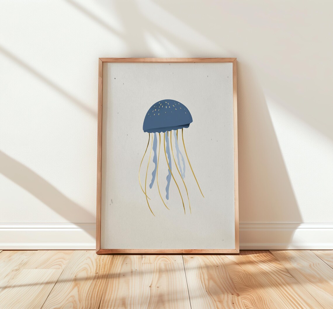 Minimalist Blue Jellyfish Gold Tentacles Ocean Nursery Wall Print