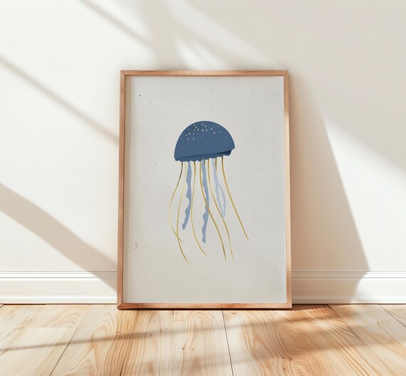 Minimalist Blue Jellyfish Gold Tentacles Ocean Nursery Wall Print