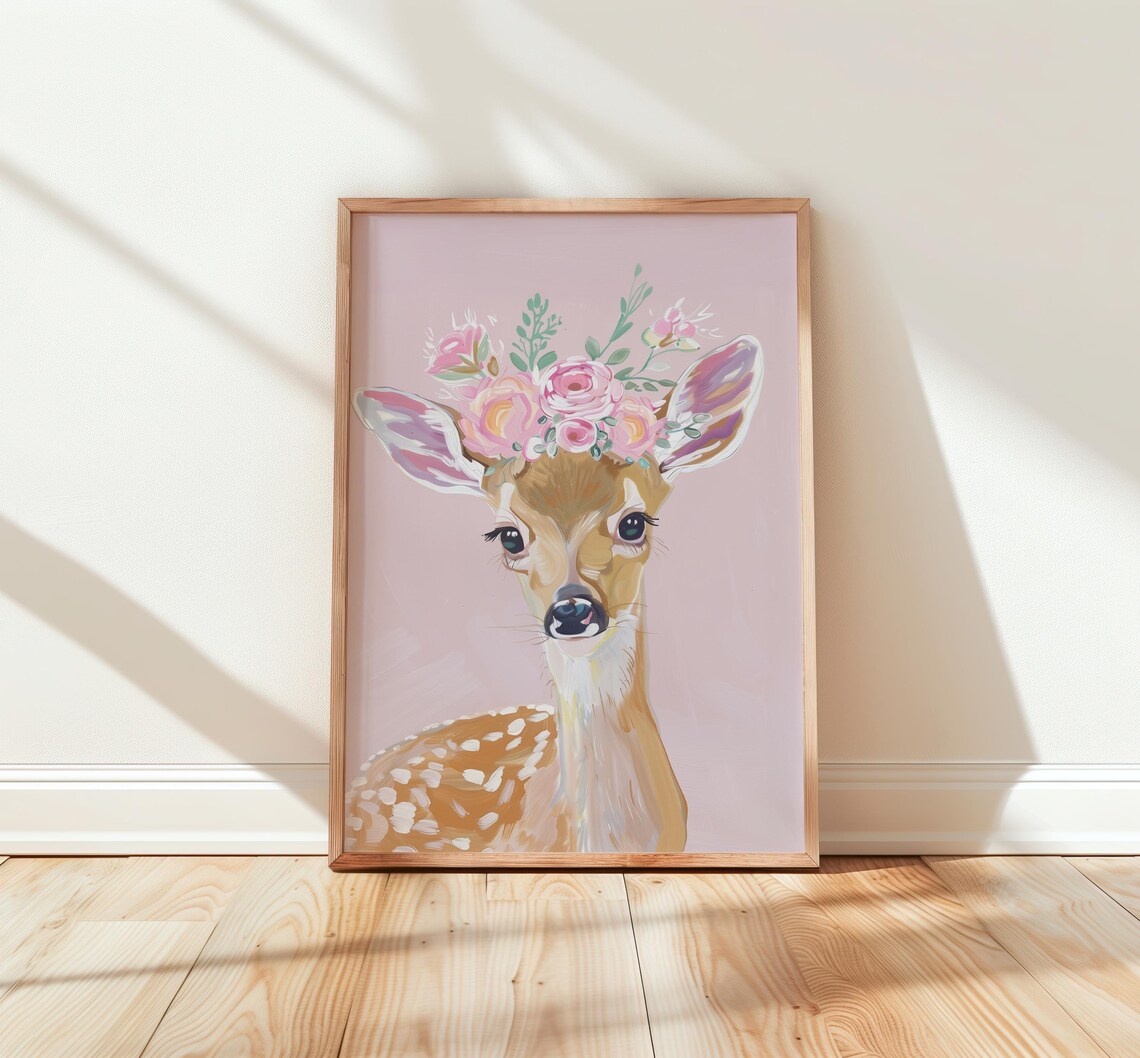 Sweet Baby Deer Fawn Flower Crown Pink Nursery Animal Poster