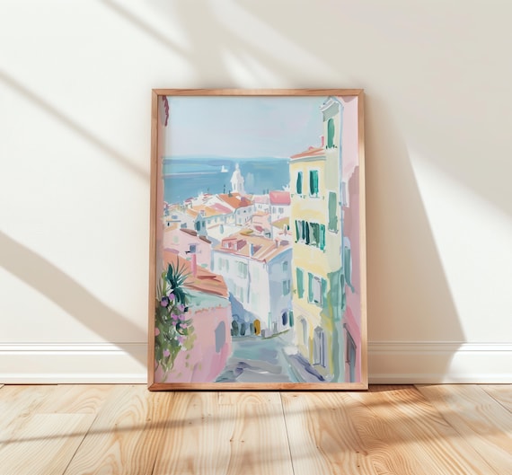 Pastel Mediterranean Coastal Town Watercolor Seaside Poster Decor