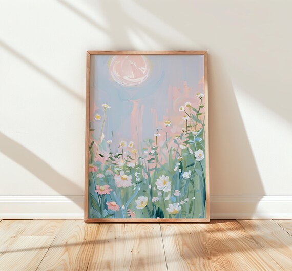 Pastel Daisy Meadow Under Moon Dreamy Wildflower Painting Poster