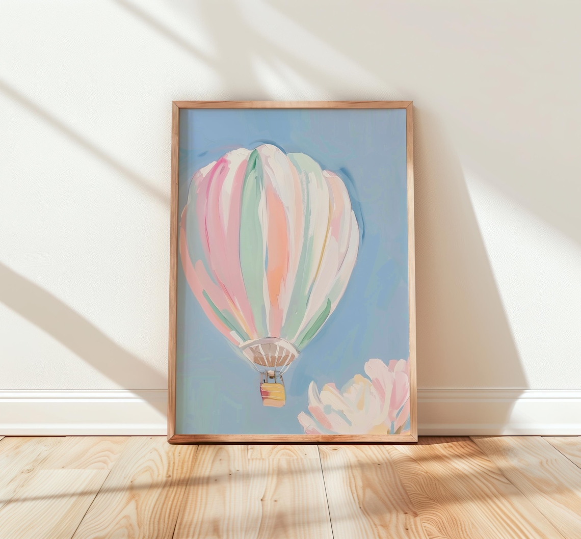 Pastel Hot Air Balloon Blue Sky Soft Floral Nursery Wall Print