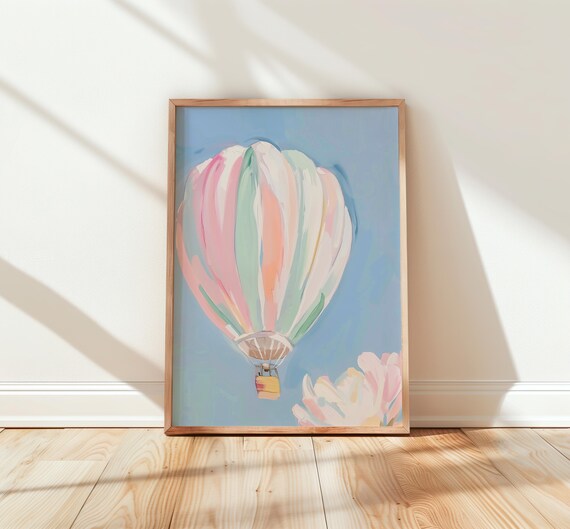 Pastel Hot Air Balloon Blue Sky Soft Floral Nursery Wall Print