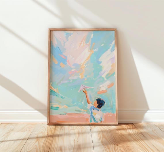 Dreamy Pastel Sky With Boy And Paper Plane Soft Watercolor Nursery Art Kids Room Wall Decor Whimsical Child Print 286