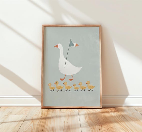 Goose Leading Rubber Duck Parade Whimsical Nursery Art Playful Animal Decor Cute Wall For Kids Room Fun Illustration 87