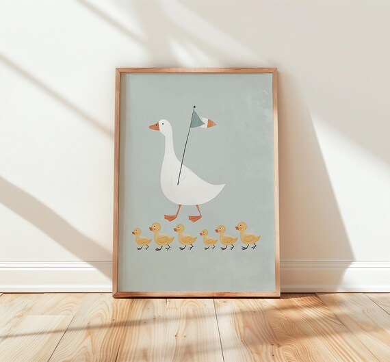 Mother Goose Leading Duckling Parade Flag Nursery Kids Poster