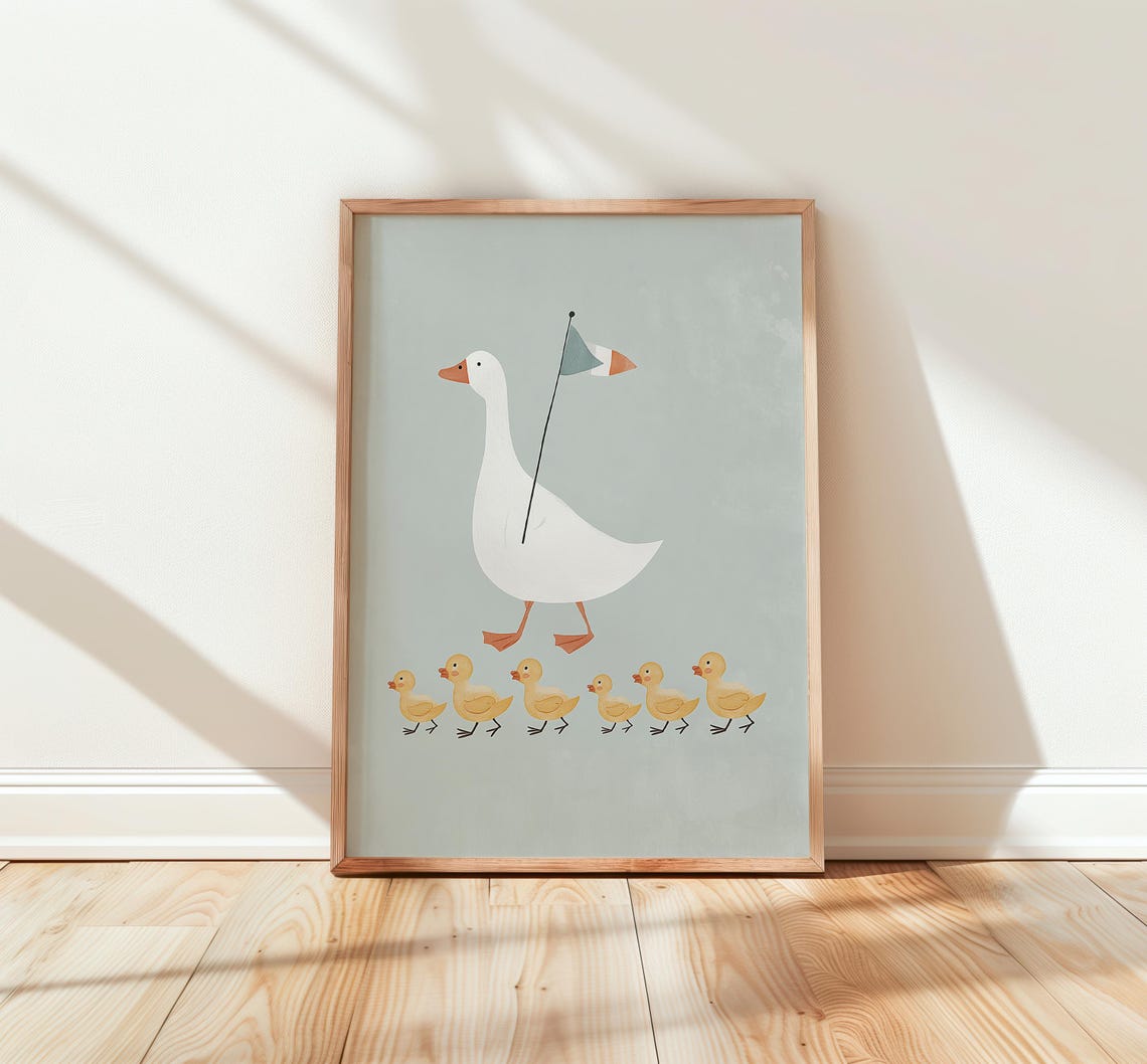 Mother Goose Leading Duckling Parade Flag Nursery Kids Poster
