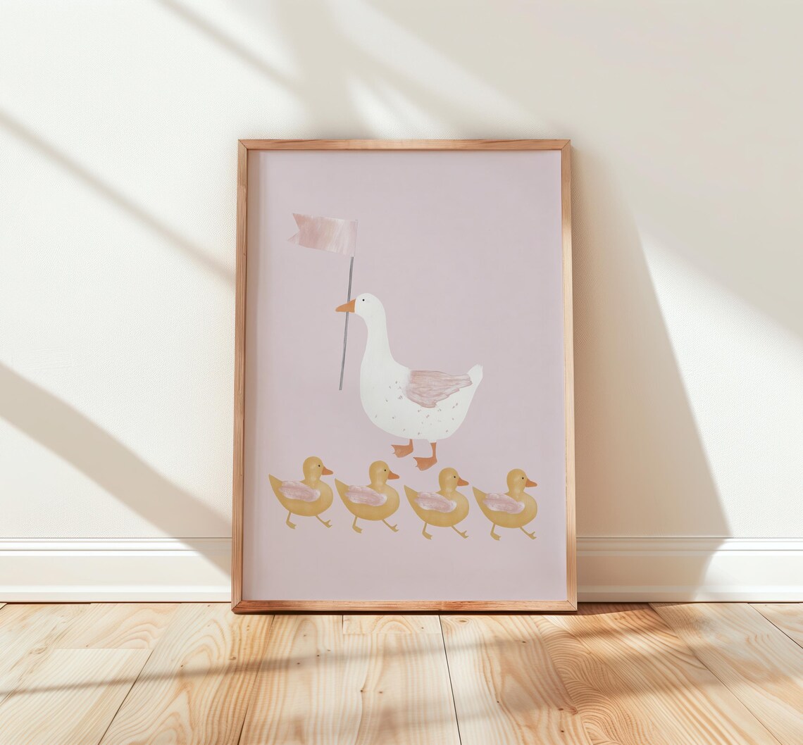 Proud Mother Goose Leading Ducklings Parade Nursery Wall Art