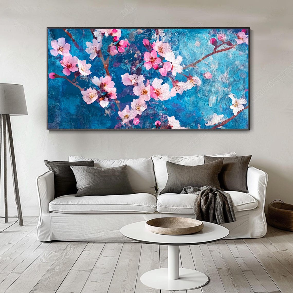 Pink Cherry Blossom Branch Deep Blue Impasto Floral Art Poster - Image 3