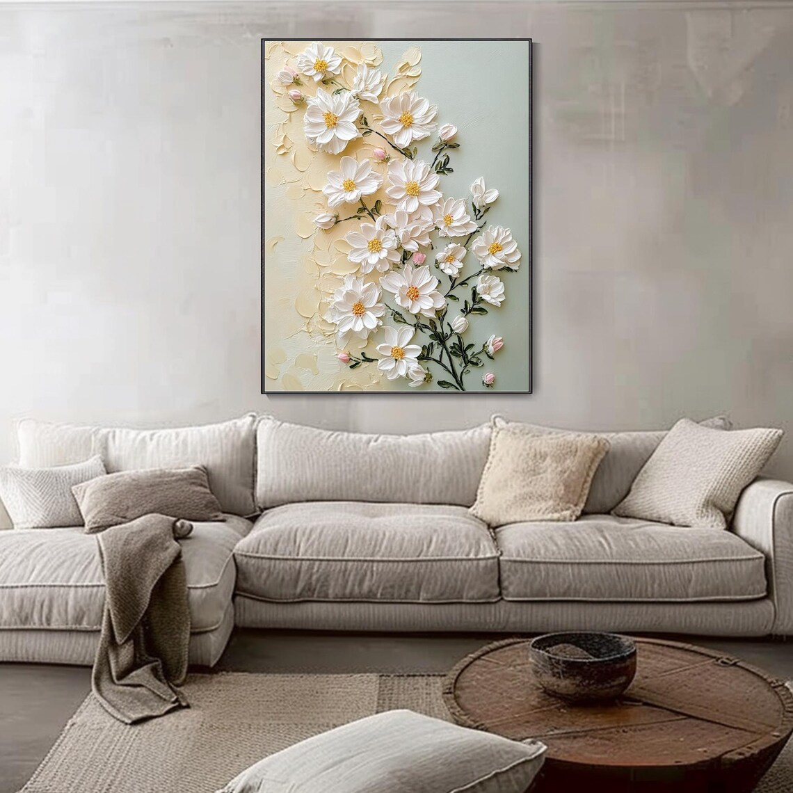 White Cosmos Flowers Cream Sage Background Floral Modern Poster - Image 4