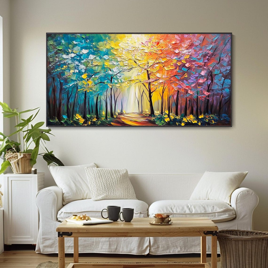 Rainbow Autumn Forest Path Sunlight Canopy Impasto Art Poster - Image 3