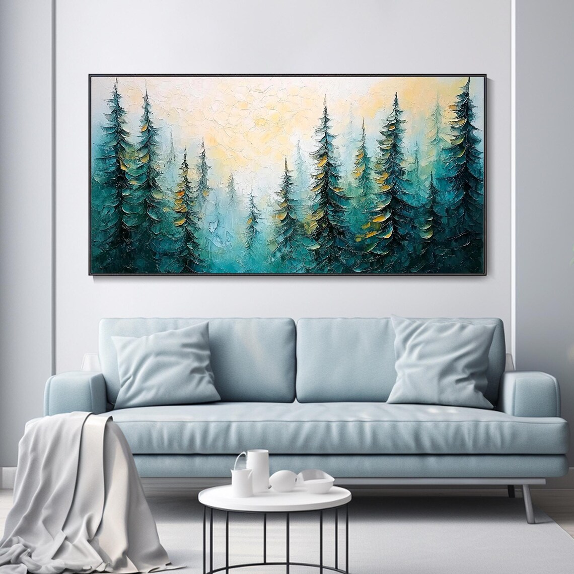 Misty Evergreen Pine Forest Teal Gold Impasto Nature Art Poster - Image 3