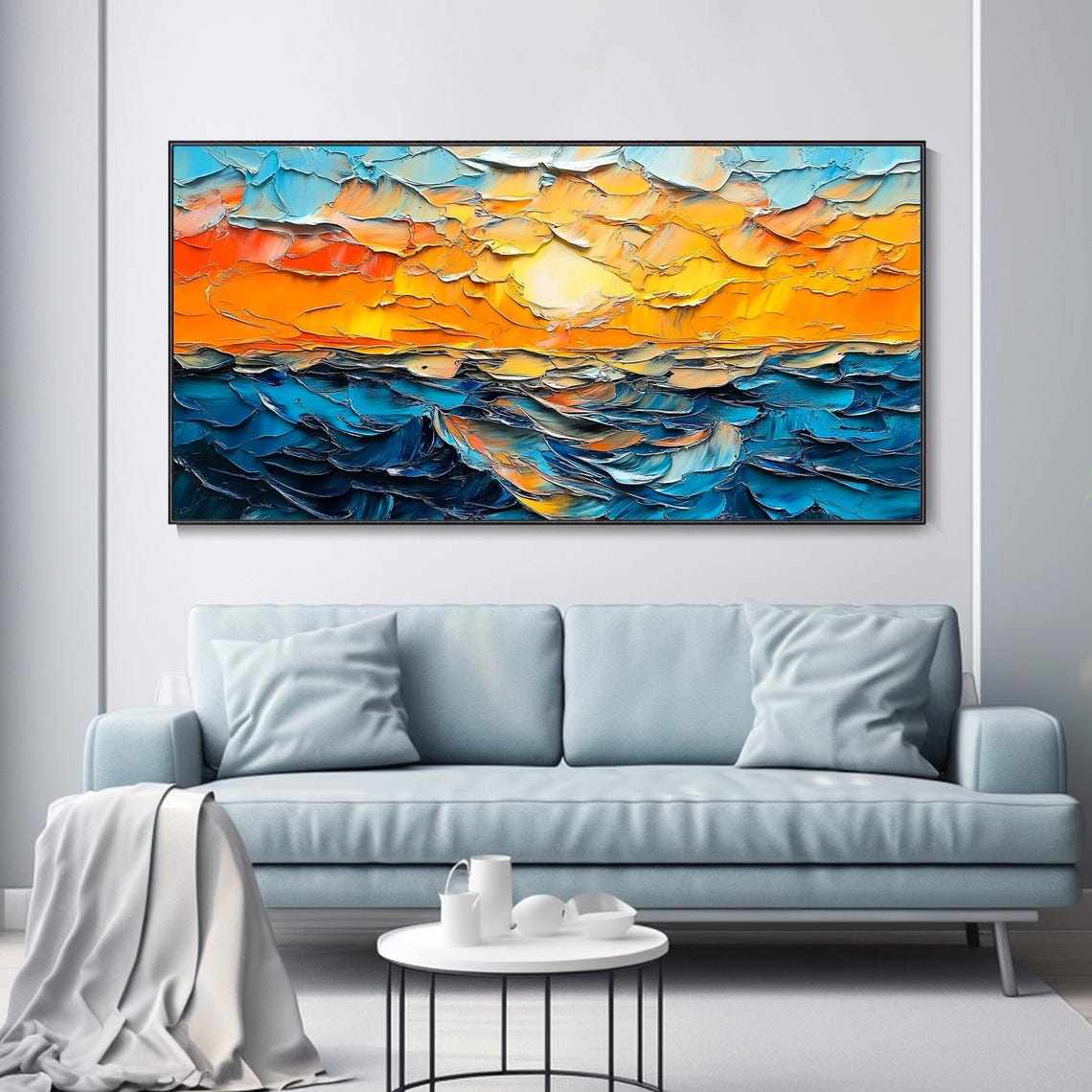 Deep Blue Ocean Waves Orange Sunset Sky Palette Knife Art Poster - Image 3
