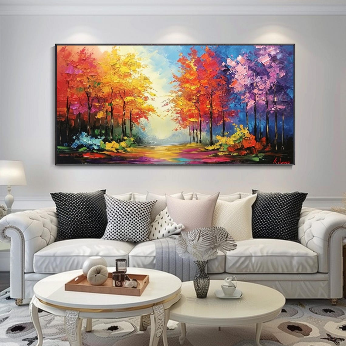 Fiery Autumn Forest Path Red Orange Canopy Impasto Art Poster - Image 2
