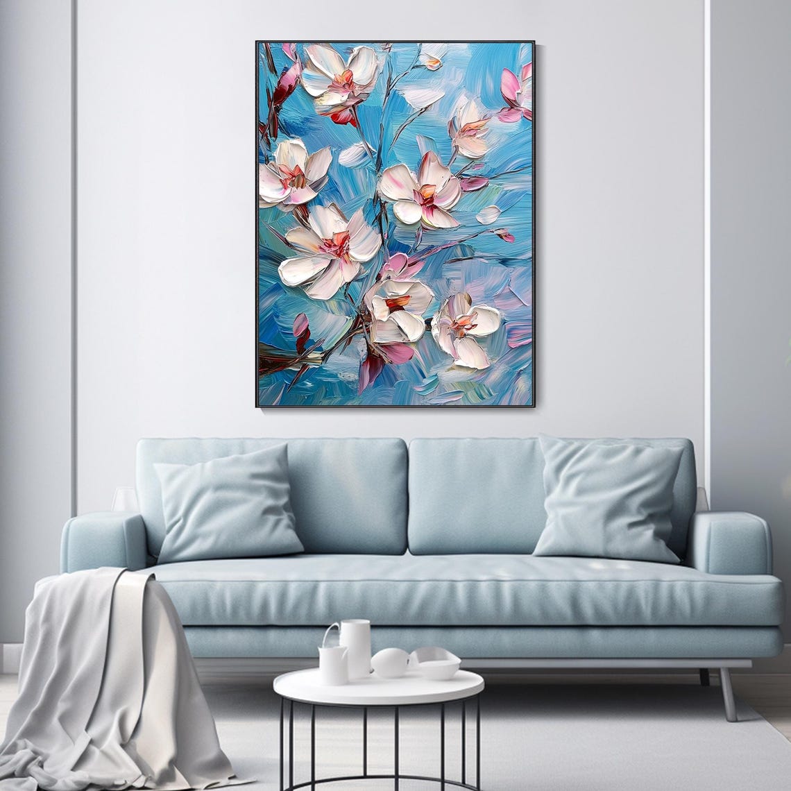 White Blossom Branches Turquoise Blue Impasto Floral Art Poster - Image 3