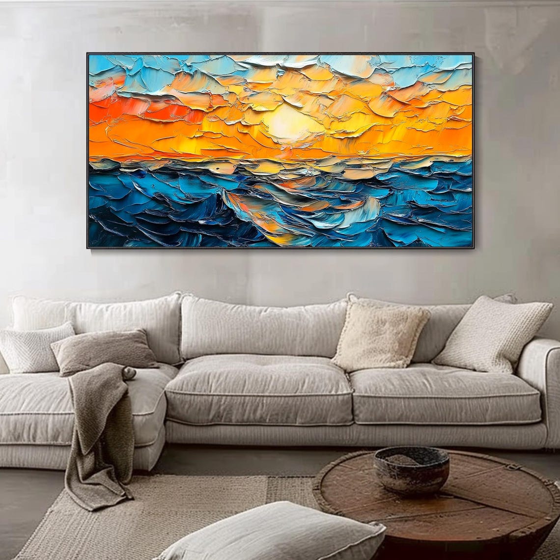 Deep Blue Ocean Waves Orange Sunset Sky Palette Knife Art Poster - Image 4