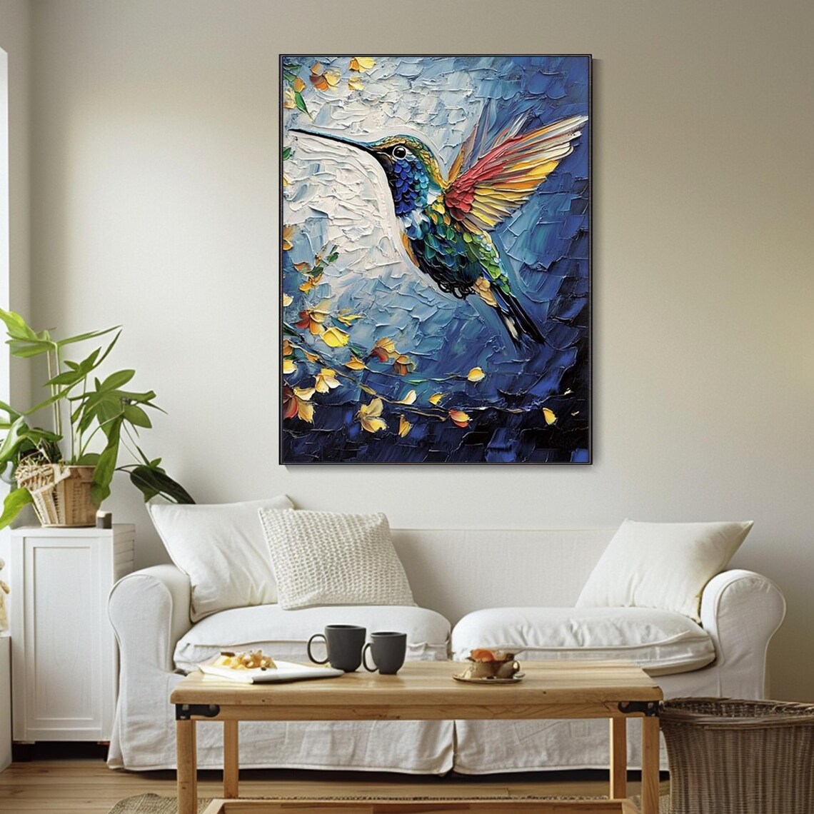 Colorful Hummingbird in Flight Blue Background Floral Art Poster - Image 4