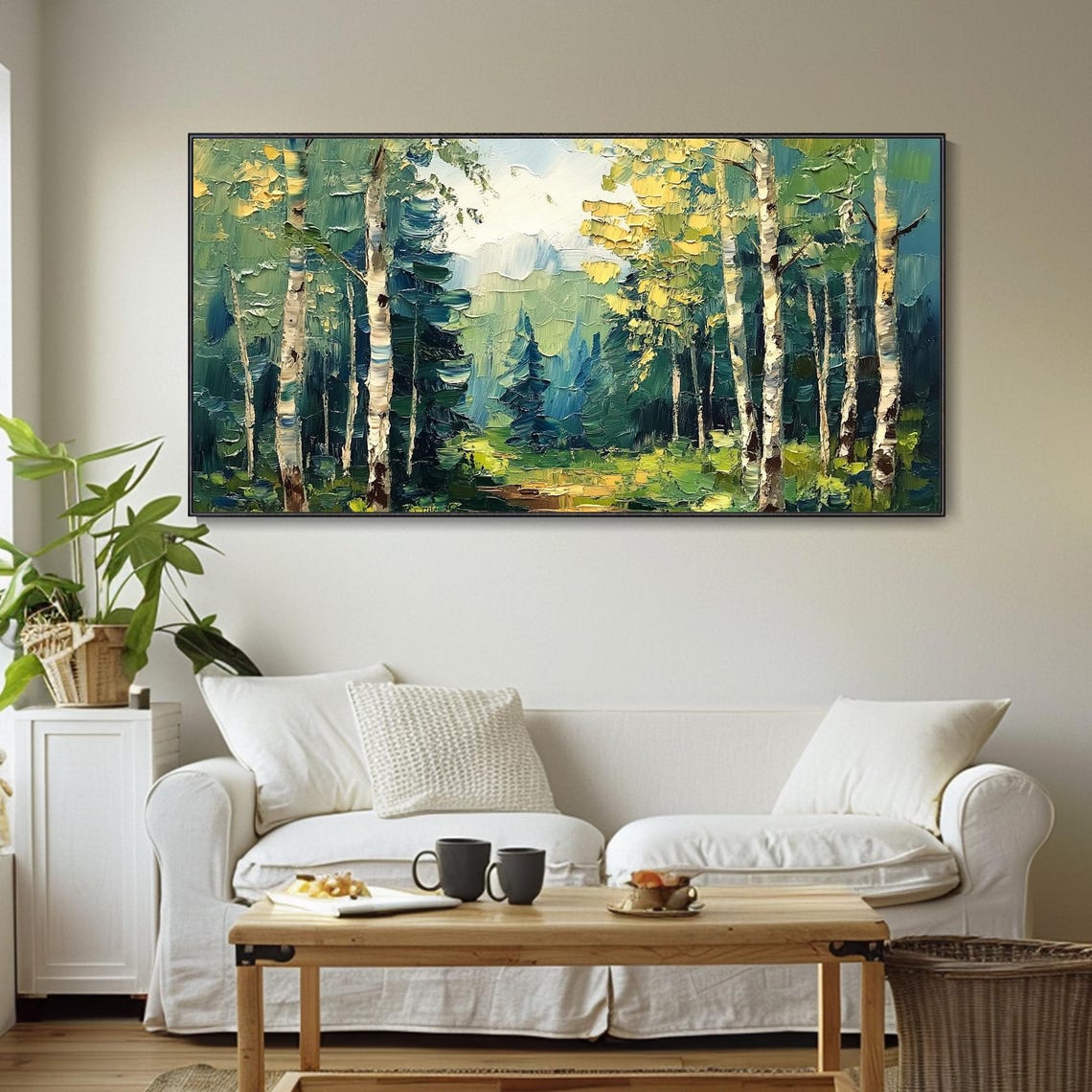 Birch Trees Lush Green Forest Golden Light Nature Art Poster - Image 3