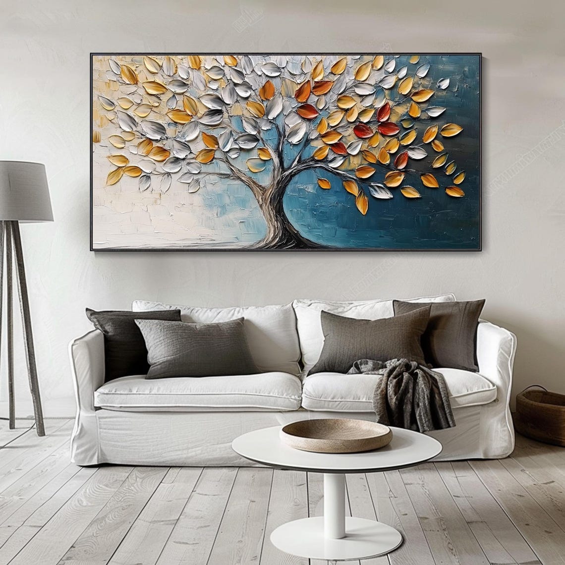 Gold Silver Tree of Life Teal Background Textured Elegant Wall Art - Image 4