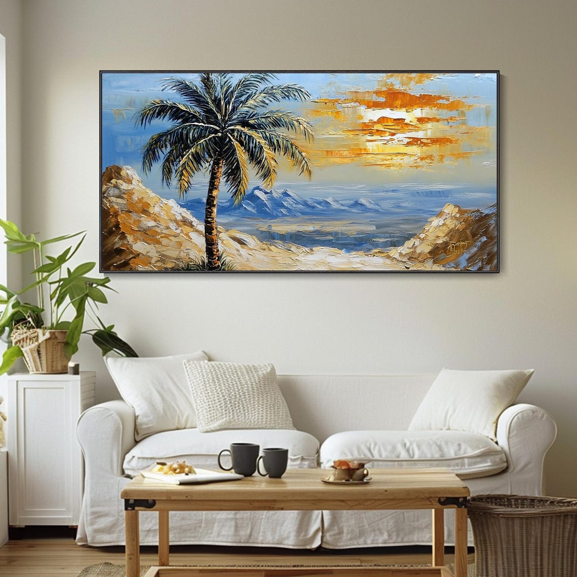 Desert Oasis Palm Tree Blue Mountains Sunset Landscape Art Poster - Image 4