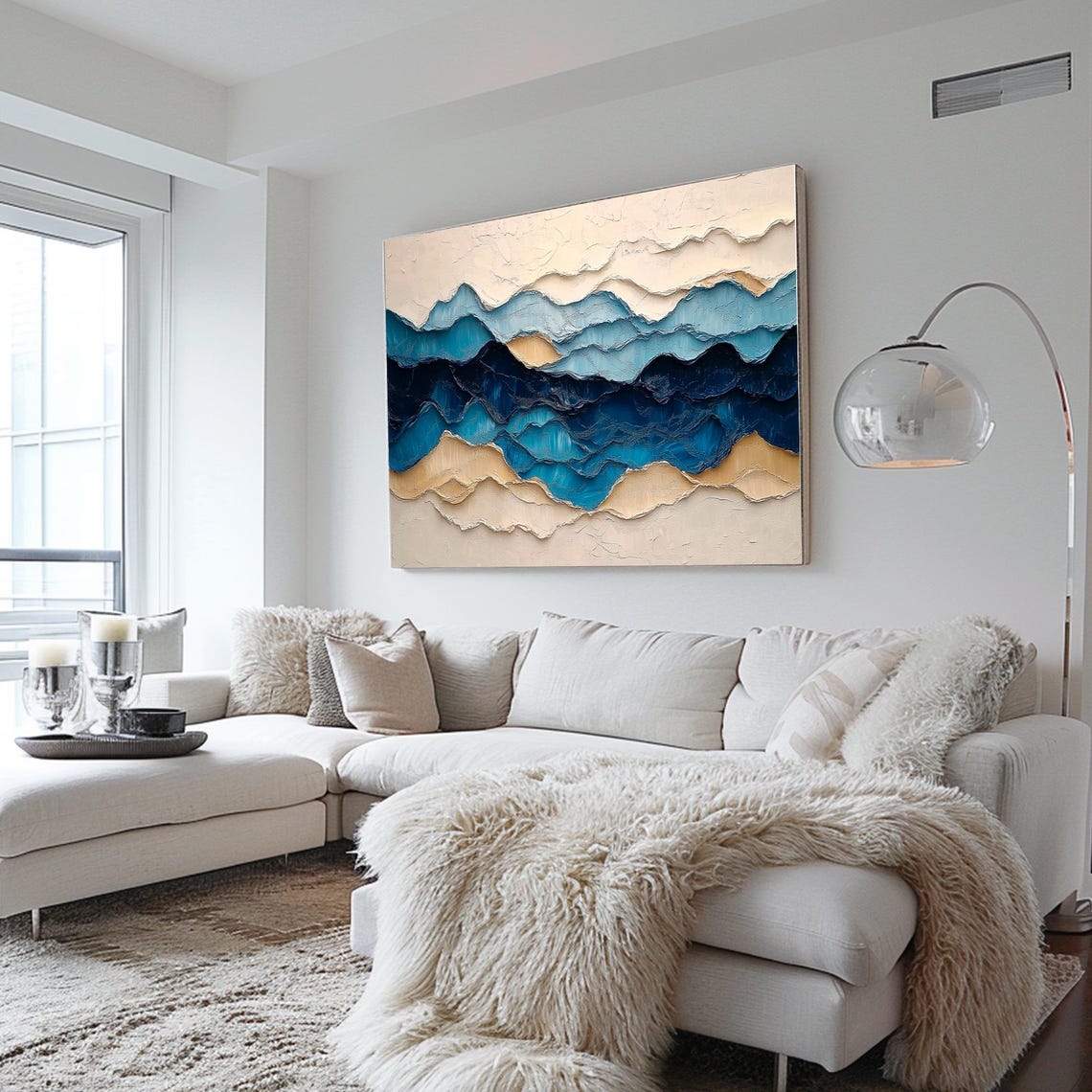 Navy Blue Abstract Ocean Waves Sand Tones Impasto Art Poster - Image 2