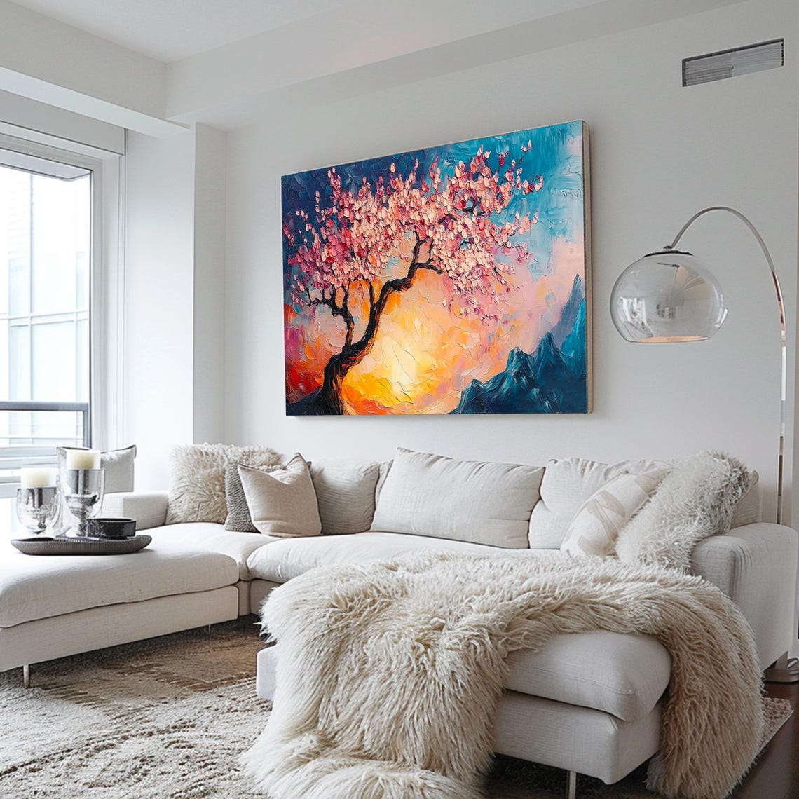 Cherry Blossom Tree Sunset Blue Mountains Impasto Art Poster - Image 2