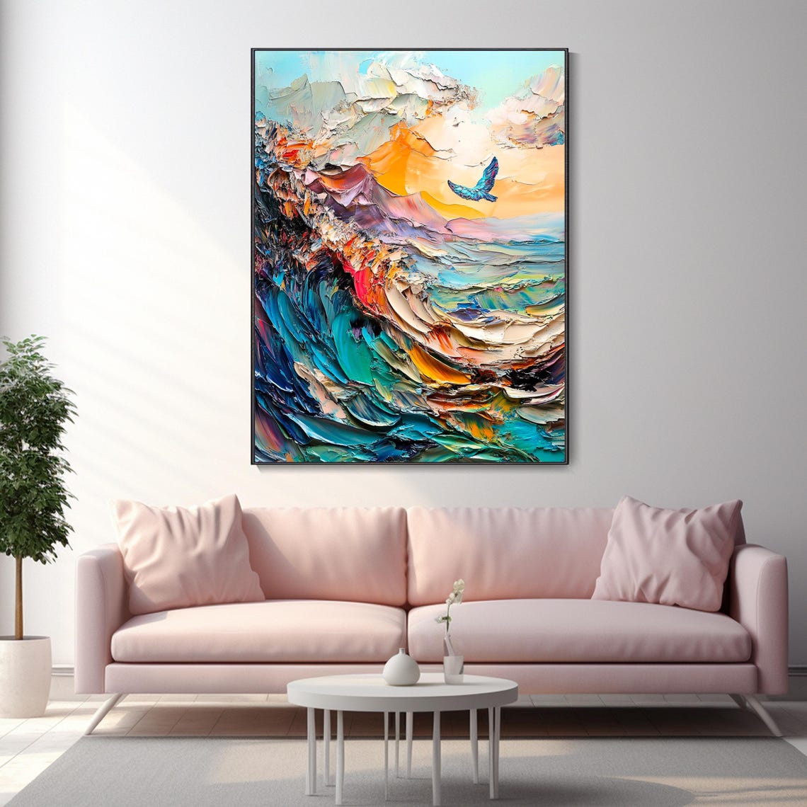Blue Bird Flying Sunset Ocean Wave Abstract Impasto Art Poster - Image 2