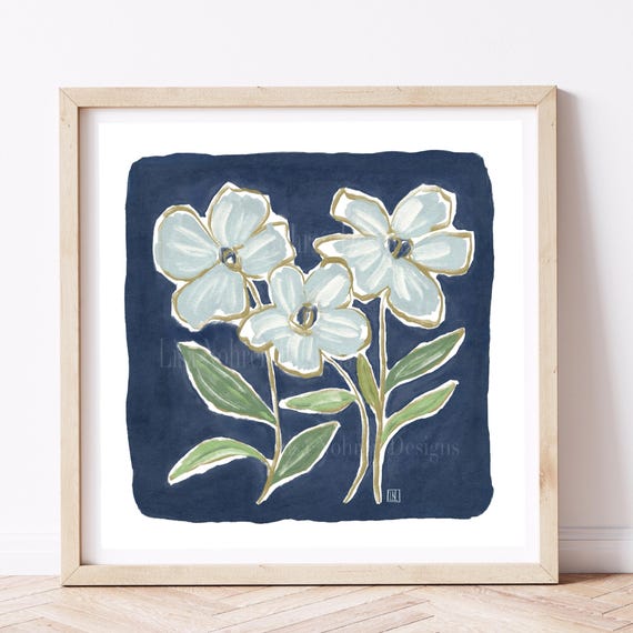 Navy Blue Abstract Floral Print, Modern Botanical Art