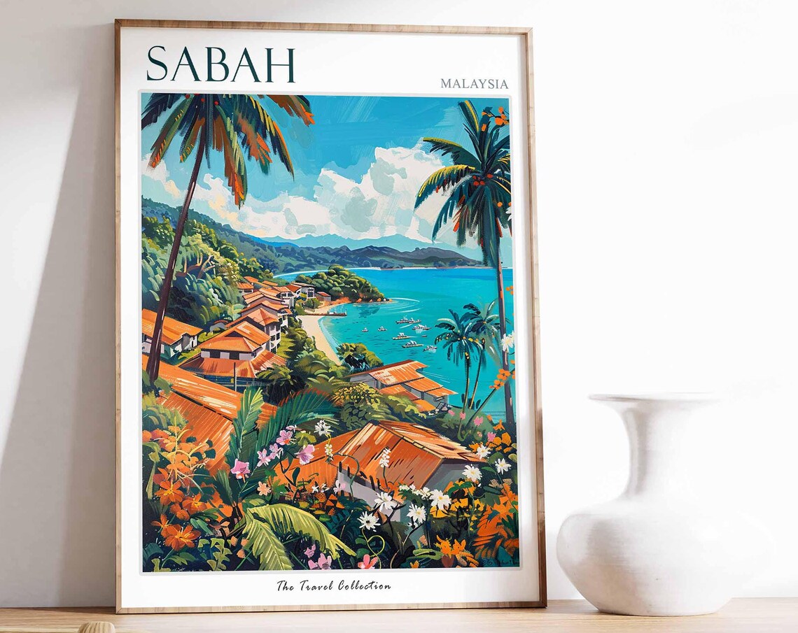 Sabah Malaysia Tropical Bay Orange Roofs Palm Trees Travel Poster