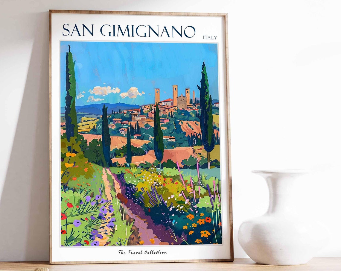 San Gimignano Italy Medieval Towers Cypress Path Wildflower Poster